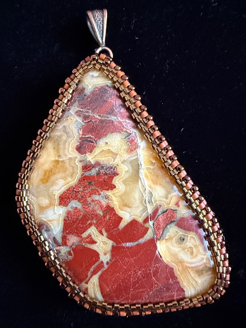 Artisan Red and Cream Jasper Pendant Necklace with Copper Bead Frame